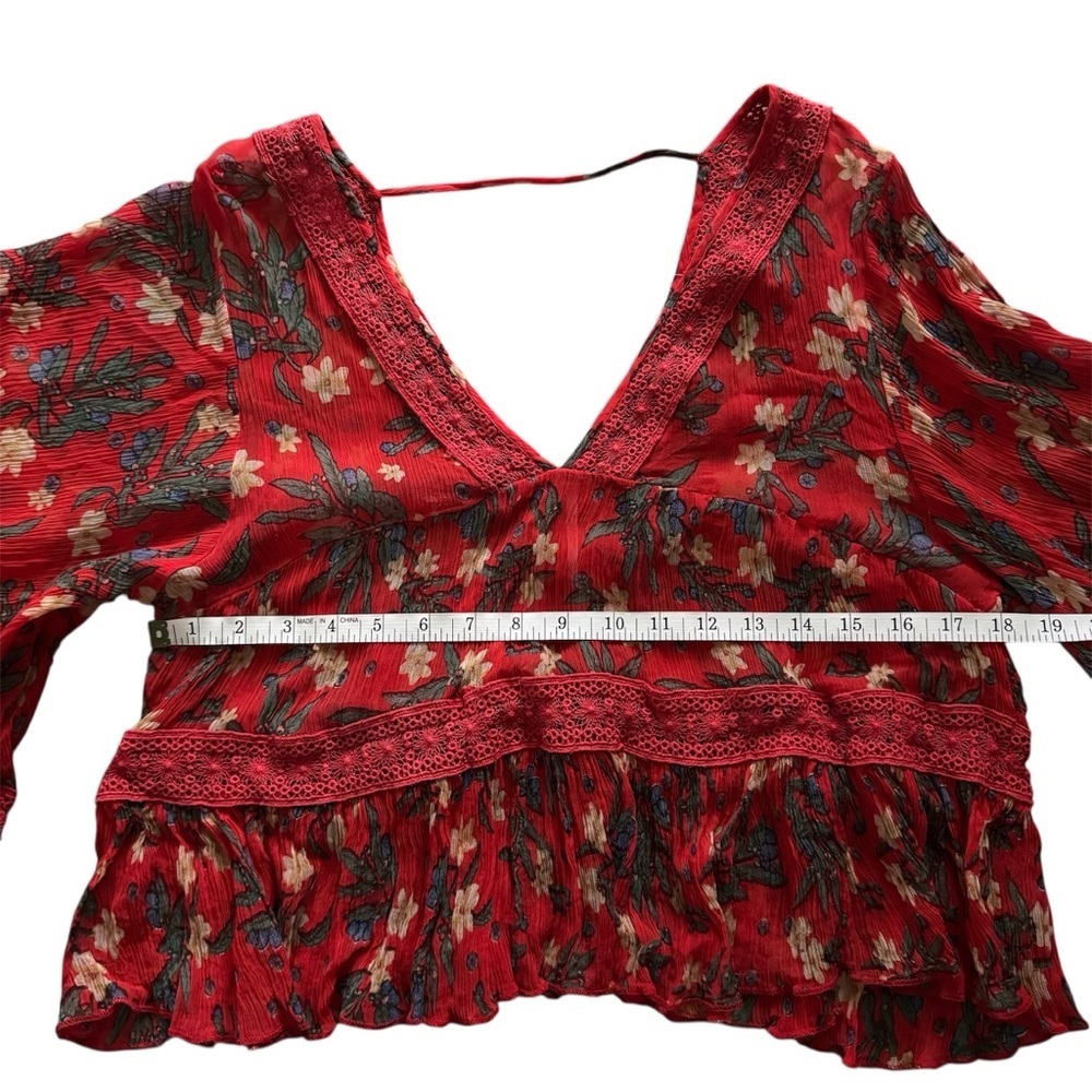 Free People Bright Lights Red Floral Chiffon Boho Peplum Top | S - Picture 8 of 10